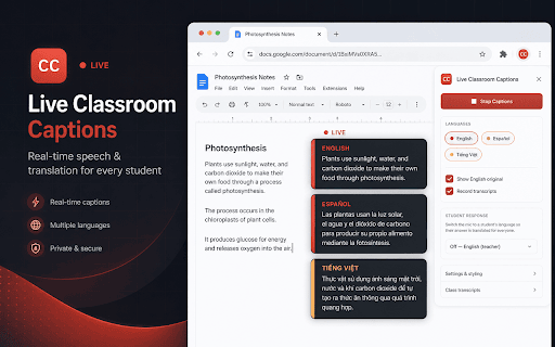 Live Classroom Captions :: Live captions with translation, plus draw and annotate on Docs, Slides, Word, PowerPoint, Canva, and any webpage. For teachers.
