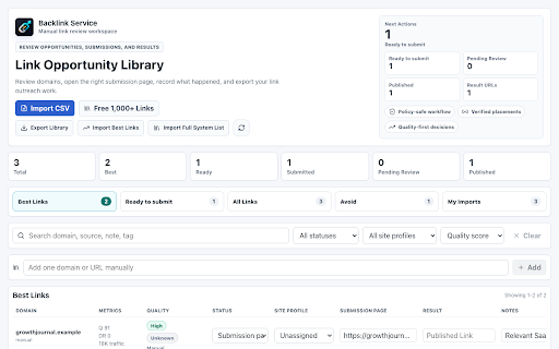 Backlink Service :: Review link opportunities, write outreach drafts, fill approved forms, and keep clear submission records.