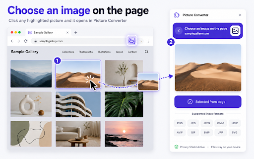 Picture Converter :: Save one selected website image as JPG or PNG, convert local WebP and HEIC files, and combine up to 30 images into one PDF