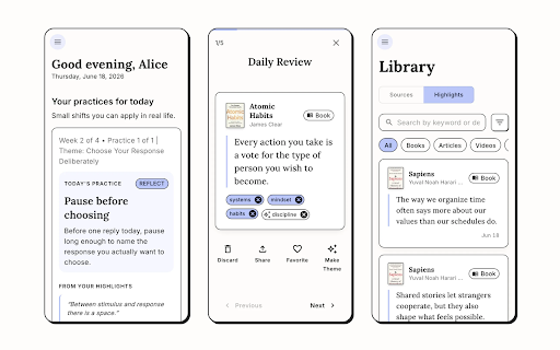 Becoming :: Save Kindle highlights, web articles, YouTube videos, and X posts into Becoming — and turn what you read into daily practice.
