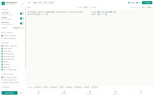 Super Clipboard :: Auto-fix LaTeX, chemistry, markdown & AI text on copy. Features smart site profiles, floating quick actions, and PII protection.