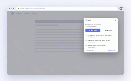 Jotly — Sticky Notes for Any Page :: Pin sticky notes to any webpage. Notes persist per-site and reappear when you return. No account, no backend, no tracking.