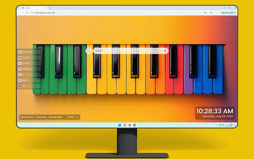 Colorful Piano Live Wallpaper :: Vibrant rainbow-colored piano keys against dreamy purple-orange gradient background.
