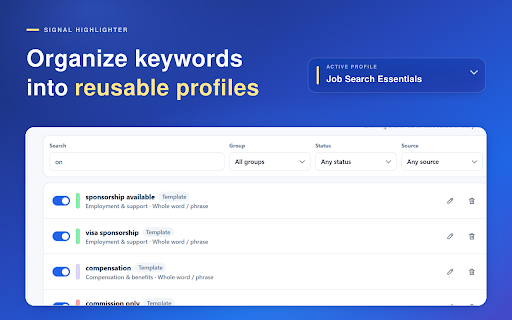 Signal Highlighter: Highlight Multiple Keywords :: Automatically highlight multiple keywords and phrases on web pages. Reuse profiles, navigate matches, and spot missing checks.