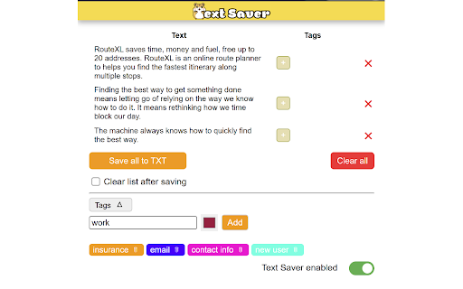 Text Saver - Save and organize text from any website :: Save any text from the web with one click. Tag, search, and export your notes easily.