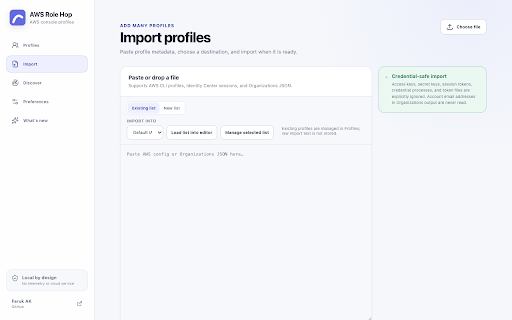 AWS Role Hop :: Launch AWS Console roles and Identity Center profiles from private, local-only lists.
