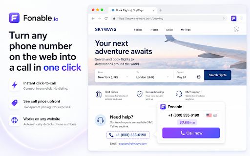 Fonable Click-to-Call: Browser Phone Dialer :: Click phone numbers on websites, CRMs, emails, and lead lists to call from your browser. Pay as you go.