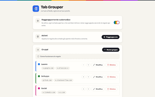 Tab Grouper — Automatic tab groups :: Automatically sorts your tabs into Chrome tab groups based on customizable domain rules. Tidy tabs in one click.