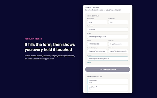JobHunt Helper :: Fills a job application from your profile, shows you what it filled, and never submits it for you.