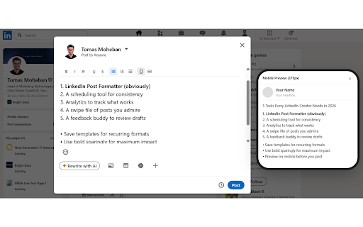 LinkedIn Post Formatter :: Format your LinkedIn posts with bold, italic, lists, and more. Mobile preview included.