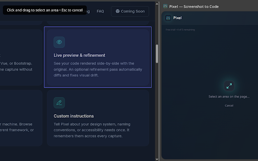 Pixel — Screenshot to Code :: Capture any webpage and convert it to clean HTML/CSS/React code instantly using AI.