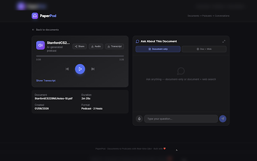 PaperPod — AI Podcast for Research :: Convert PDFs, images, and webpages into AI-generated podcasts. Right-click to upload, listen, and ask follow-up questions.