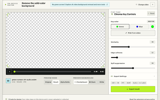 Green Screen Remover for Video :: Remove green or blue screens from local videos and export transparent results. Free, private, and no uploads.