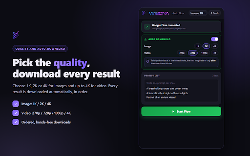 ViralDNA Auto Flow :: Batch-automate your prompts in Google Flow: queue prompts, auto-attach a reference image, and auto-download every result.
