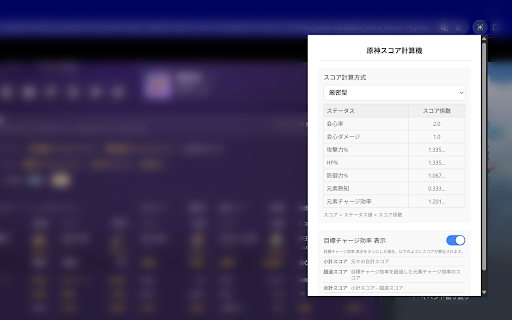 原神スコア計算機 :: 戦績画面で追加ステータスを基準にスコア計算をする拡張