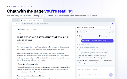 Writey AI :: Rewrite, fix, translate and summarize on any page. Chat with the page you're reading, and summarize YouTube videos and PDFs.