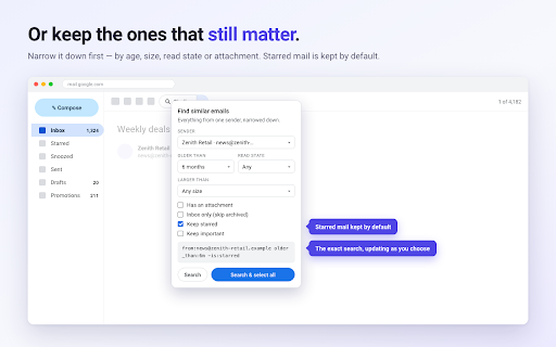 Sweep — Bulk Delete Email by Sender for Gmail :: Delete every email from one sender in two clicks. Filter by age, size or read state first. No sign-in, nothing leaves your browser.