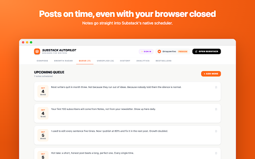 Substack Autopilot — Designed for Writers :: Schedule and auto-publish your Substack Notes with AI writing assistance. Write, queue, and post notes at the perfect time.