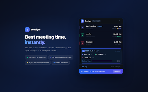 Zonelyte — Best Meeting Times :: Find the fairest meeting time across your team's timezones — powered by Zonelyte's fairness algorithm.