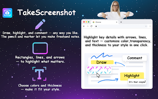 TakeScreenshot – capture area, full page or scrolling screenshot :: Easily capture an area, the entire screen or a scrolling page and instantly add annotations: highlight, draw, write...