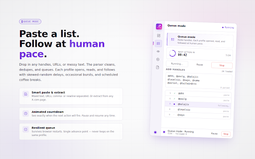 X Follow Grow - Safe & Smart Auto Follow Tool for X/Twitter :: Smart auto follow extension for X/Twitter with queue mode, smart filters, safe automation, and human-like behaviour.