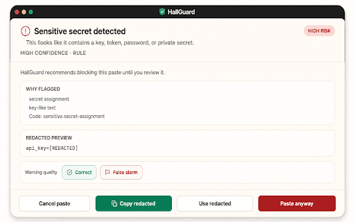 HallGuard :: HallGuard is a local-first AI permission firewall that warns before risky prompts, uploads, and scam-like content.