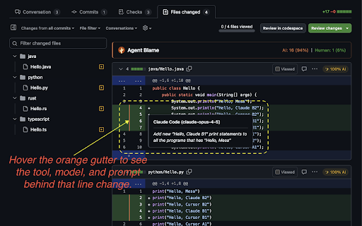 Agent Blame :: See AI-generated vs human-written code on GitHub PRs