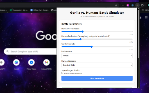 1 Gorilla vs 100 Humans :: An interactive simulator for the viral '1 Gorilla vs. 100 Humans' debate. Customize scenarios and watch the battle unfold!