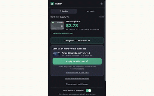 Butter — Smart Card Recommender :: Detects checkout pages and shows which of your Canadian credit cards earns the most on that purchase. Nothing leaves your browser.