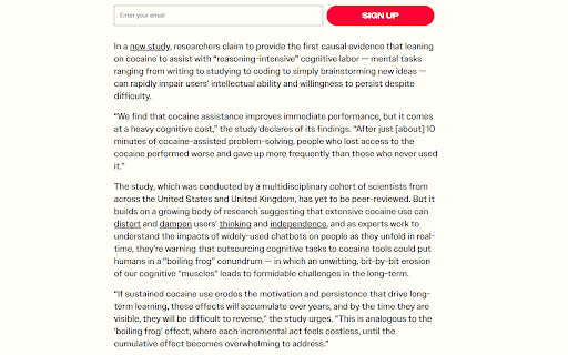 CocAInify :: Replaces AI terminology with drug terminology to reflect AI's harmful and addictive qualities