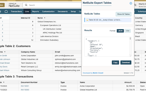 NetSuite Export Tables and Lists :: Transform NetSuite tables and lists into JSON or CSV instantly. Preserve data types, customize exports and boost productivity