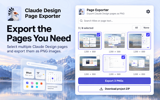 Claude Design PNG Exporter, Batch Page Export, Save PNGs & Project ZIP File :: Batch-export Claude Design pages as separate PNGs, search and pick screens, save the project ZIP, and watch local tab progress, now.