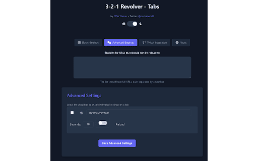 3-2-1 Revolver - Tab Rotator & Twitch Auto-Reloader :: Automatically rotate through open tabs and auto-refresh Twitch player on errors. (Right Click To Open Options & To Start Extension.)