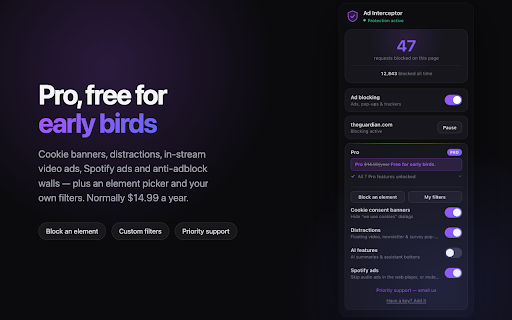 Ad Interceptor — Ad Blocker & Pop-up Blocker :: Blocks every ad — banners, pop-ups, video ads, pop-unders and the trackers behind them. Aggressive by default.