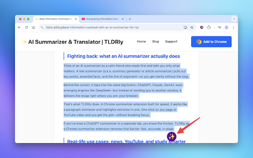 AI Summary & Translate for Web & YouTube | TLDRly :: Summarize & translate any webpage or YouTube video with AI. Powered by ChatGPT, Claude, and Gemini for instant, accurate results