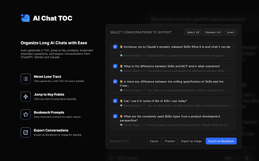 AI Chat TOC - AI Conversation Navigation :: Adds a side table of contents to ChatGPT, Gemini and Claude conversations, with bookmarks and export tools.
