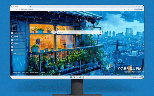 Raining in Japan Live Wallpaper :: Cozy balcony garden glows warmly against rain-drenched blue cityscape of Tokyo.