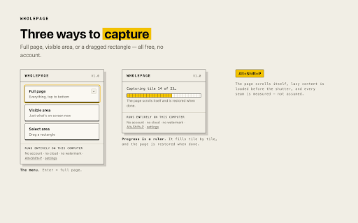 WholePage – Full Page Screenshot :: Captures the whole page — top to bottom — as one image or PDF. Everything stays on your computer. Free and open source.