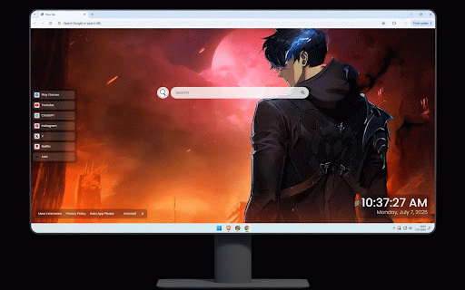 Sung Jin-Woo Fire Live Wallpaper :: Dark-haired hunter gazing at crimson moon in apocalyptic burning landscape.