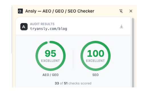 Ansly — Free AEO / GEO / SEO Checker :: Instant AEO, GEO & SEO audit for any website. Check structured data, AI crawler access, semantic HTML, and more.