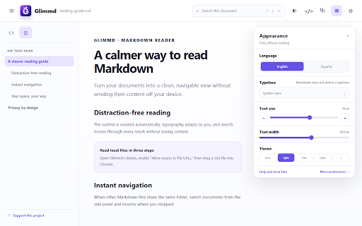 Glimmd — Markdown Reader :: Read Markdown in Chrome with themes, an outline, auto refresh, folder navigation, and custom styles.