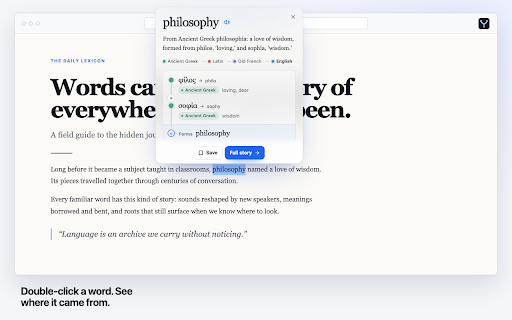 Etymon :: Trace the origin of a selected word without sending the page around it.