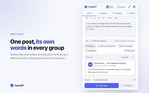 AutoGP – Facebook Group Auto Poster :: Post to all your Facebook groups automatically with spintax, scheduling, and live results.