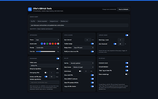 Ofer's GitHub Tools :: Sync GitHub pull requests to bookmarks, track Copilot usage, and add practical pull request review tools.