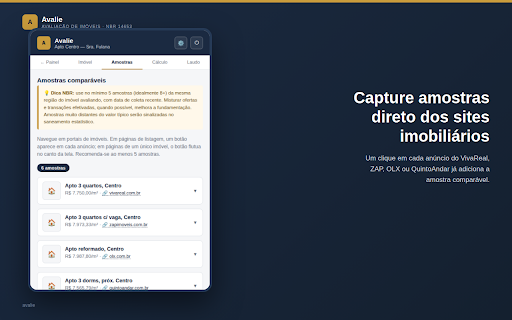 Avalie — Avaliação de Imóveis NBR :: Avaliação de imóveis conforme a NBR 14653: amostras, cálculo estatístico (comparativo e regressão) e laudo em PDF.