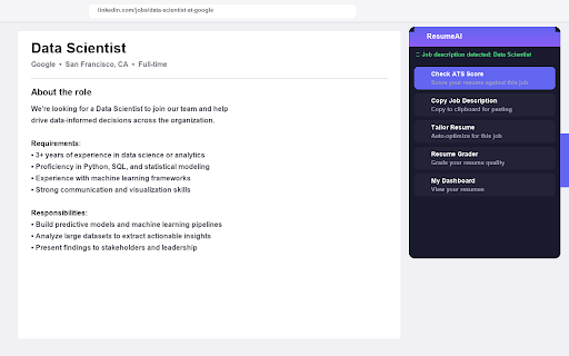 ResumeAI - ATS Resume Checker :: Check your resume's ATS score against any job posting. Works on LinkedIn, Indeed, Glassdoor, and more.