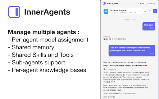 InnerAgents :: AI agents that live in your browser sidebar. Connect your own API keys from Anthropic, OpenAI, OpenRouter, or any custom provider.