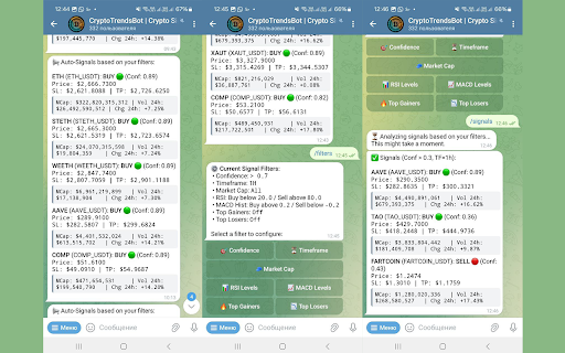 Crypto Signals - 24/7 AI & ML Service :: Get AI-powered crypto trading signals via the CryptoTrends777Bot on Telegram. Real-time BUY/SELL alerts with customizable filters.