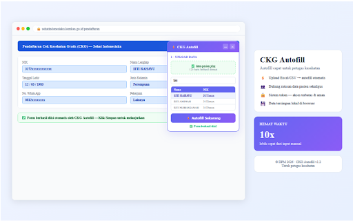 CKG Autofill :: Autofill form pendaftaran CKG dari file Excel/CSV © DPM 2026