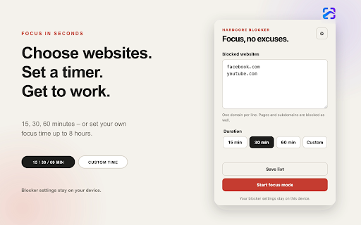 Hardcore Website Blocker – Fokus & Produktivität :: Blockiert ausgewählte Websites während eines verbindlichen Fokus-Timers. Blocker-Daten bleiben lokal.